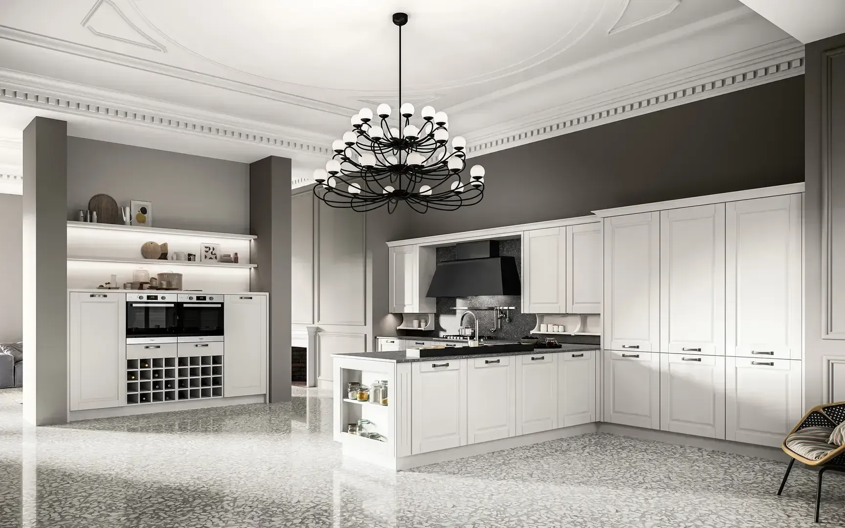 Elegante cucina bianca con isola, lampadario nero ed elettrodomestici a incasso in un interno luminoso e moderno.