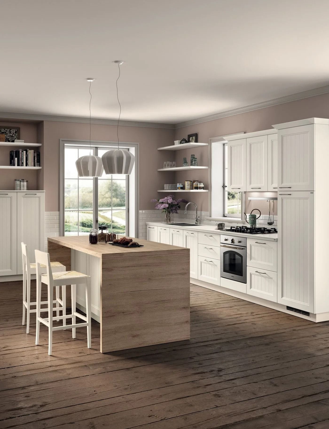 Cucina moderna e luminosa con mobili bianchi, isola in legno e sgabelli vicino a una finestra.