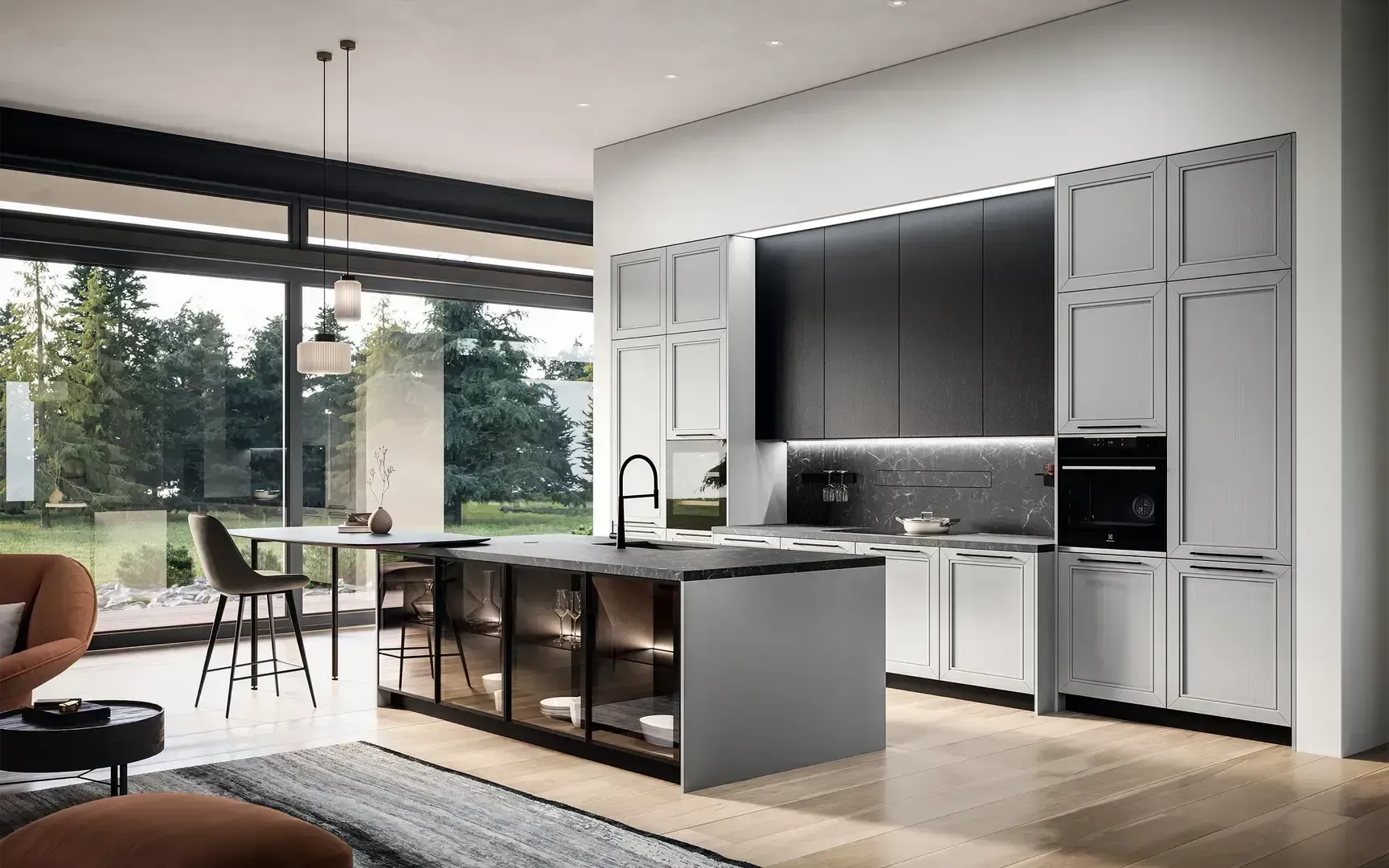Cucina moderna con isola nera, mobili bianchi, ampie finestre e zona giorno a pianta aperta.