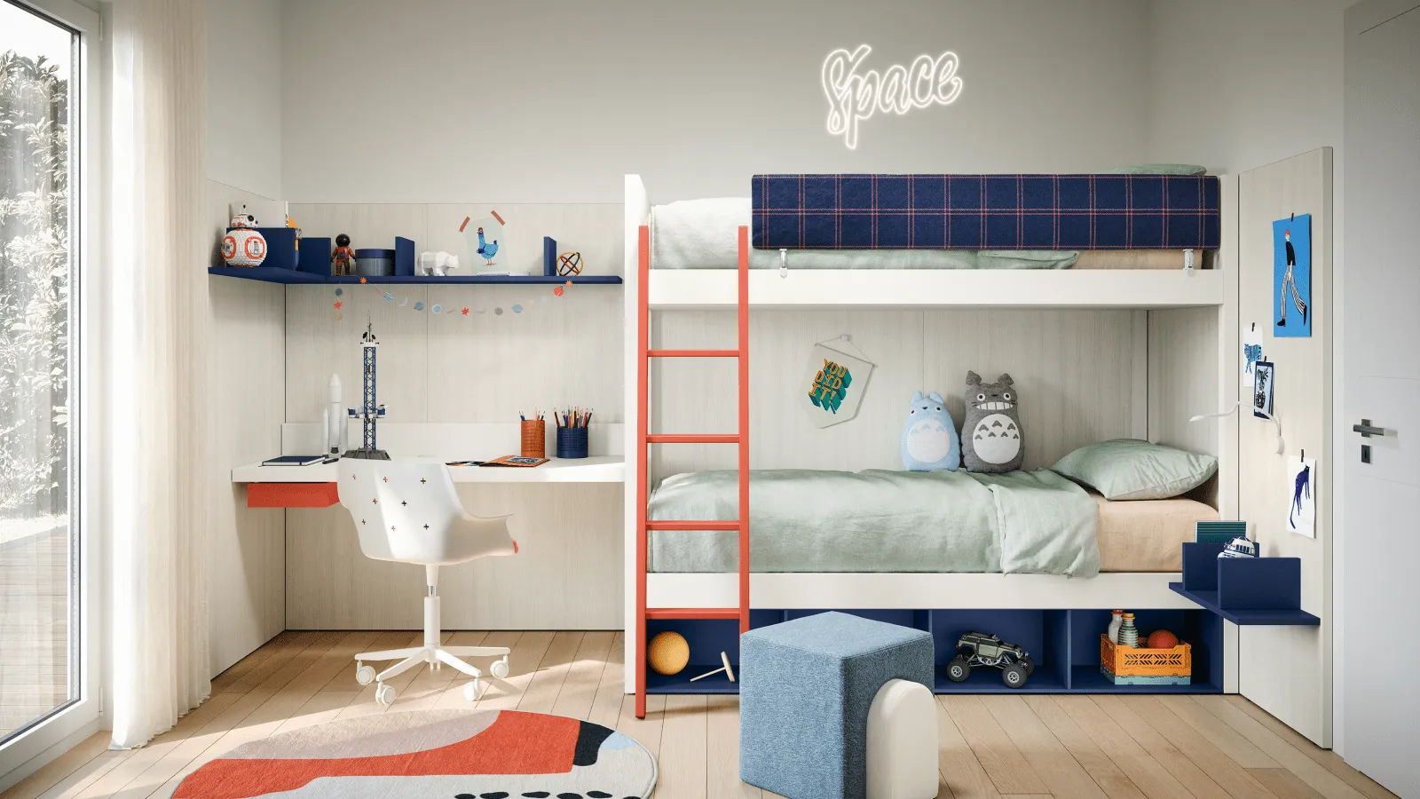 Camera da letto condivisa con letto a soppalco, scrivania e scaffali nei colori blu, bianco e arancione.