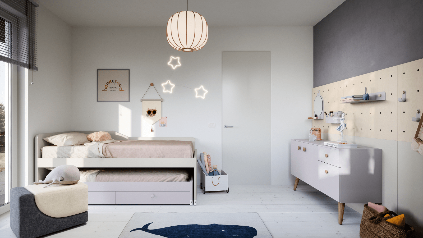 Camera da letto moderna per bambini con letto, scrivania, lampada a sospensione e decorazioni dai toni neutri e delicati.