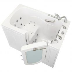 An aerial view of a walk in tub with a door.