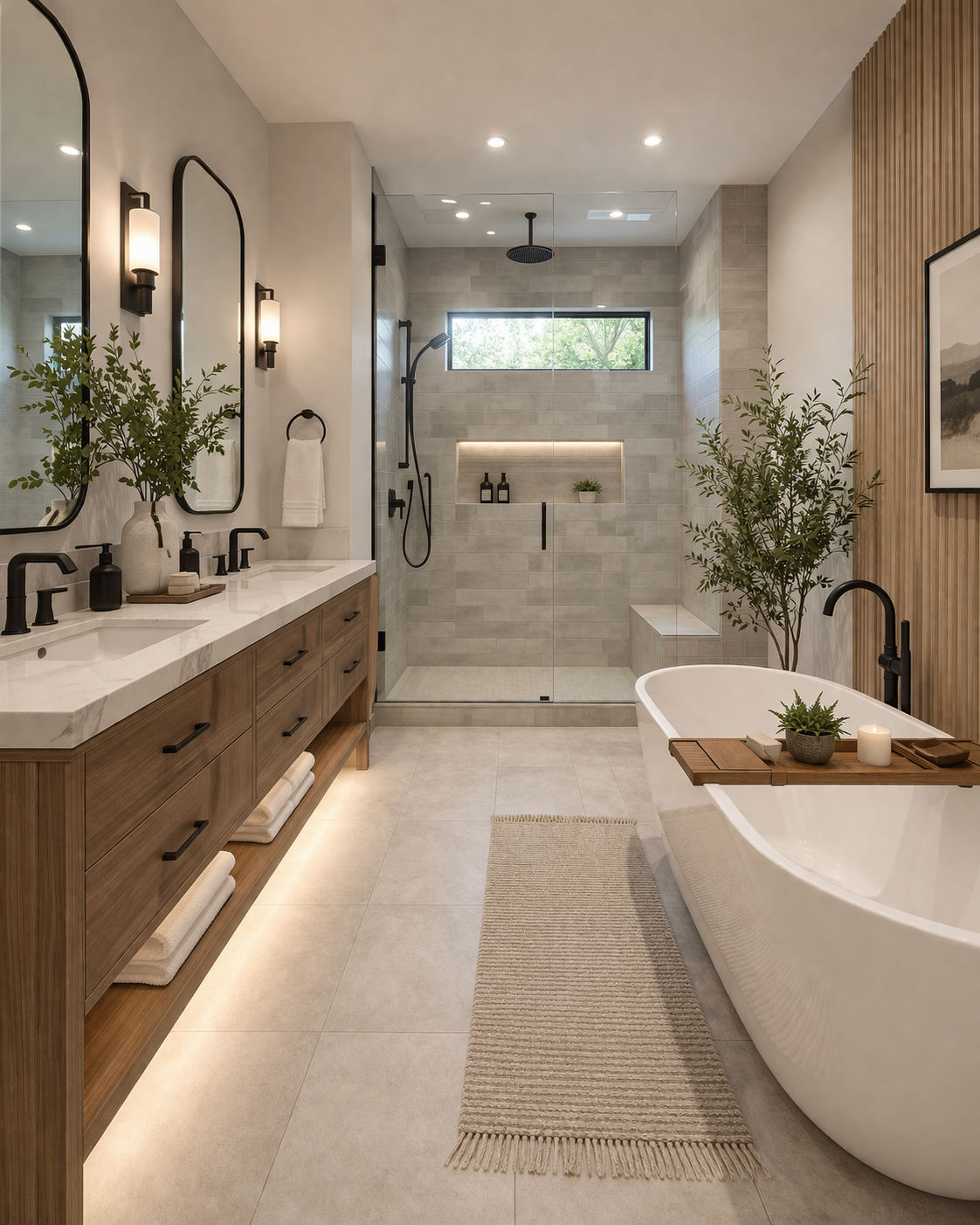 Modern beige bathroom with dual sinks, walk-in shower, and freestanding tub by a window