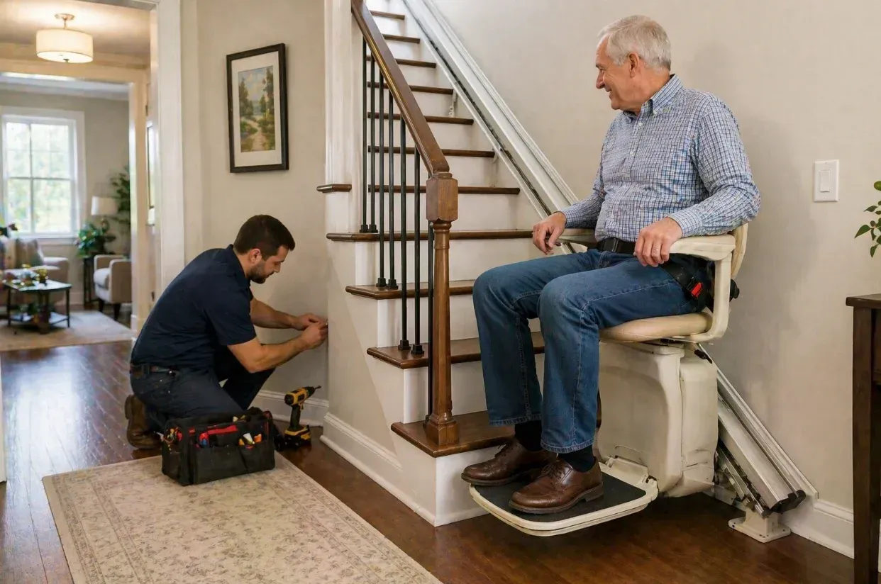 Technician installing a stair lift while an older man sits on the lift in a home staircase