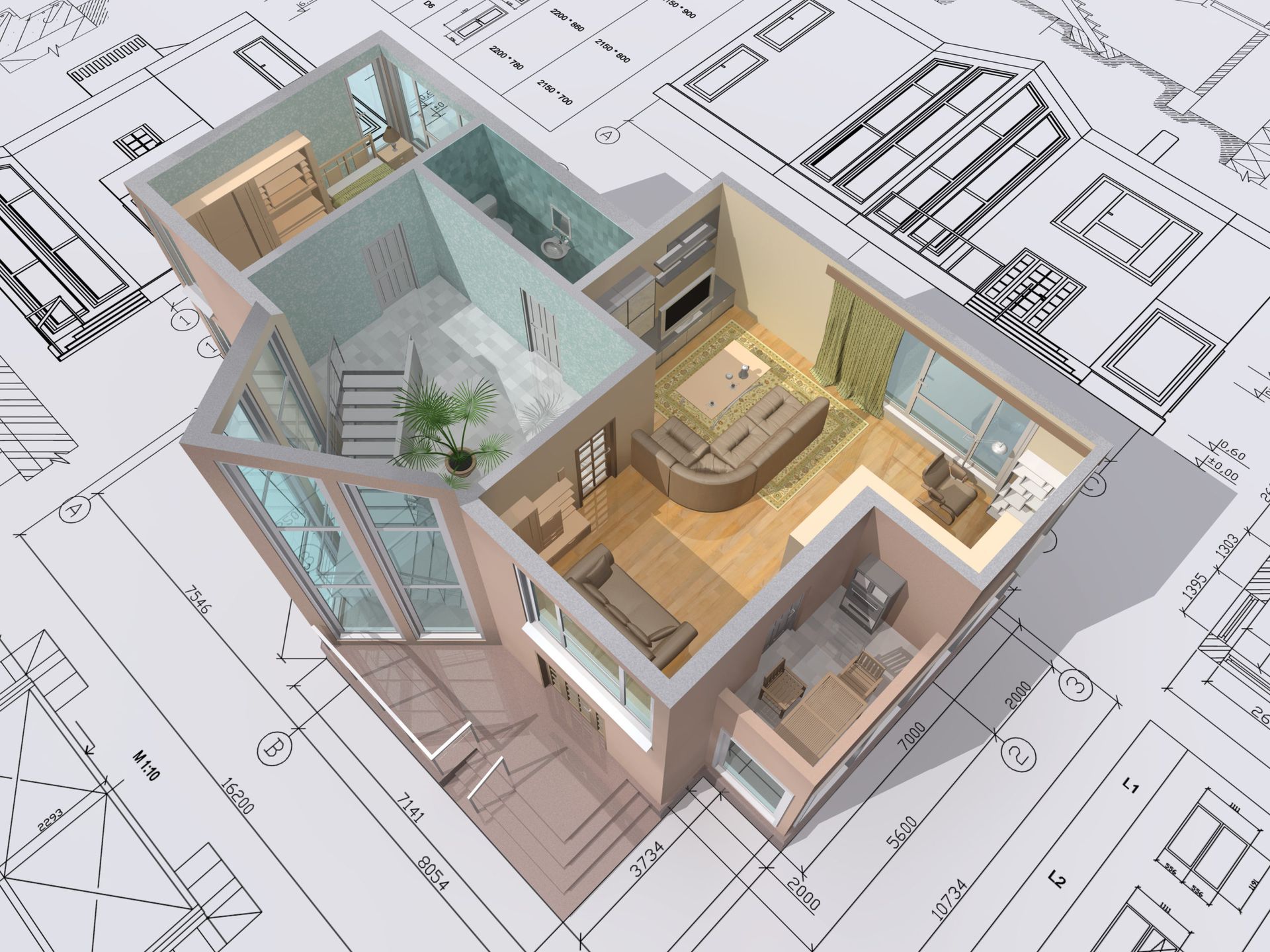 3D cutaway architectural floor plan with furnished rooms and staircases on a blueprint background