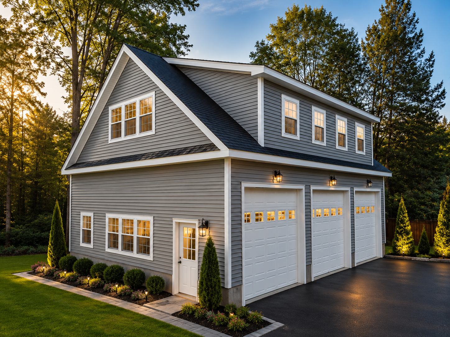 Two-story gray house with white trim, lit windows, and three-car garage at dusk in a wooded setting