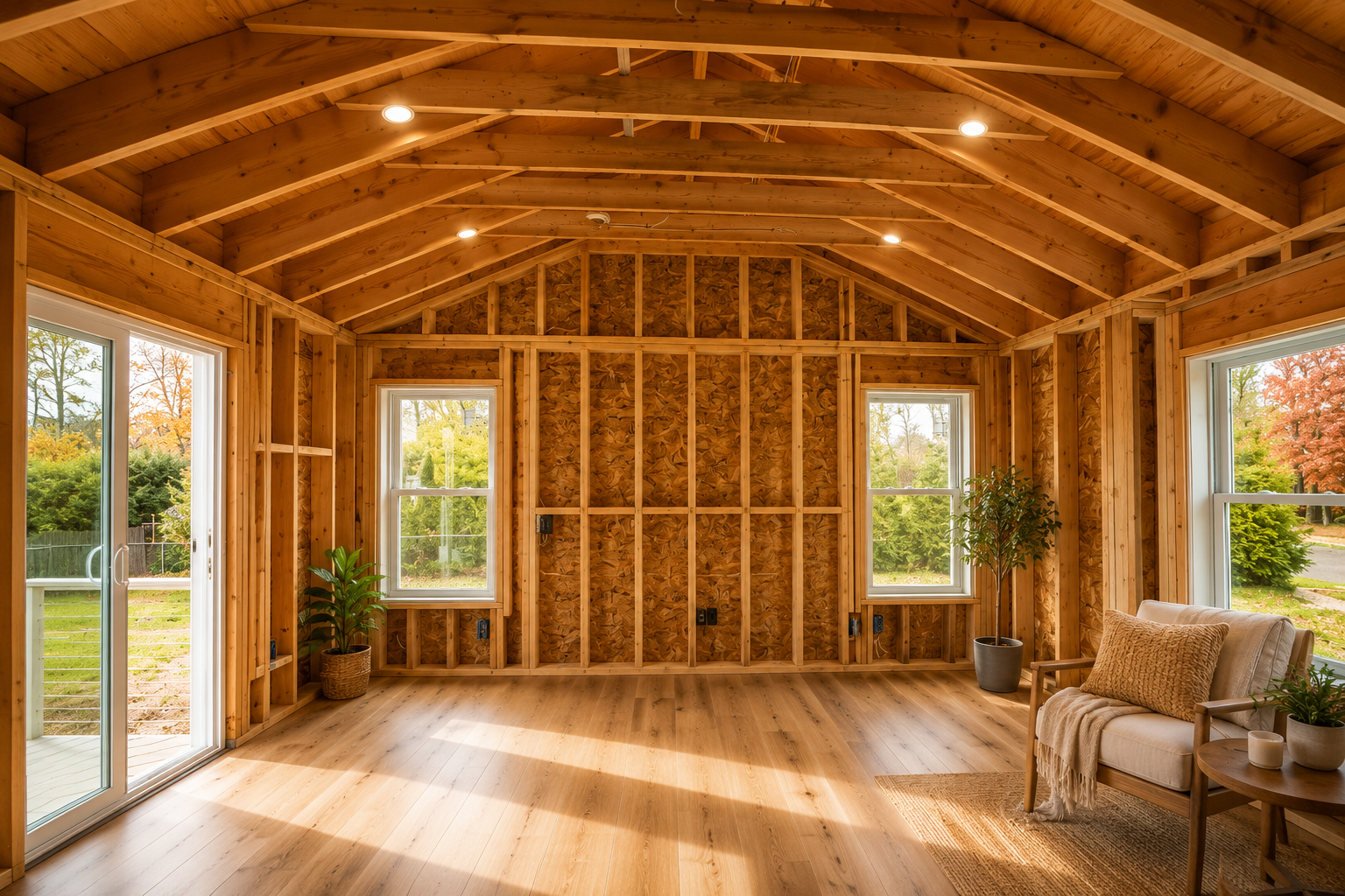 Empty unfinished wooden room with exposed beams, tall windows, and a chair by the wall