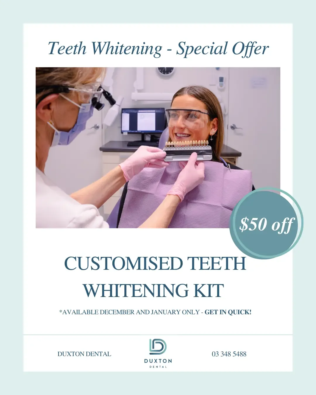 Teeth whitening special. A dentist assists a patient in a clinic with a color chart. $50 off.