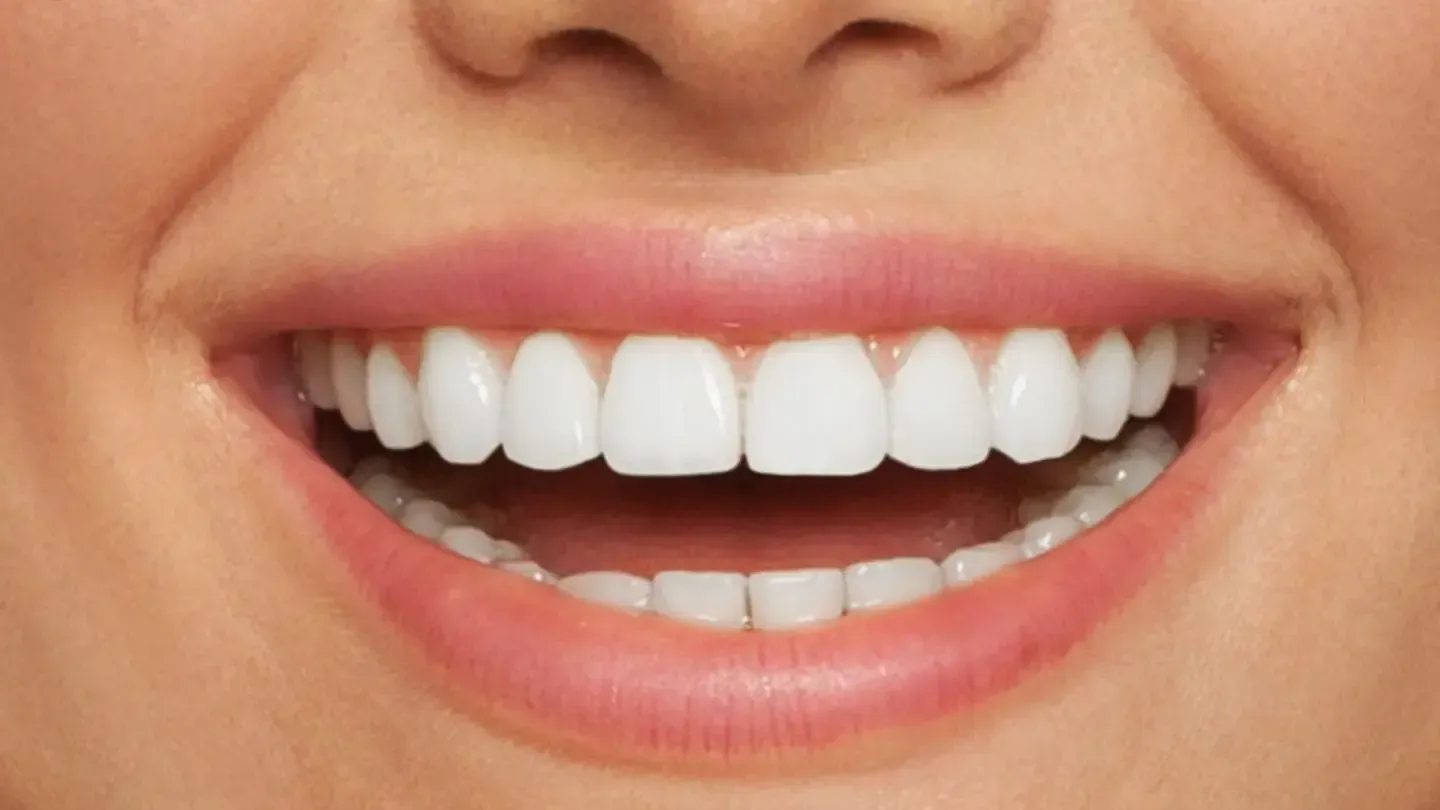 A close up of a woman 's smile with white teeth and pink lips.