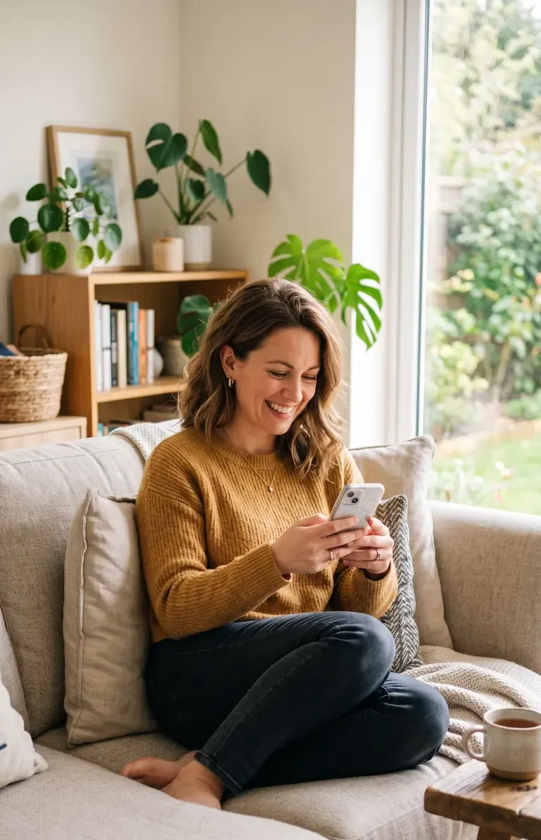 Woman smiling on a sofa, looking at a smartphone in a bright living room with plants.