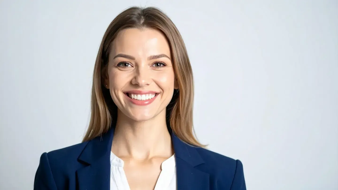 A smiling person wearing a navy blue blazer and white top, posed against a plain light gray background.