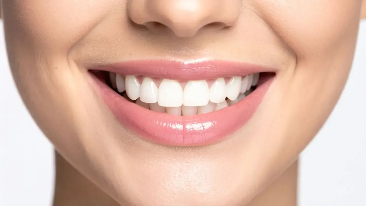 A close-up of a person's smiling mouth showing clean, white, and evenly aligned teeth against a plain background.