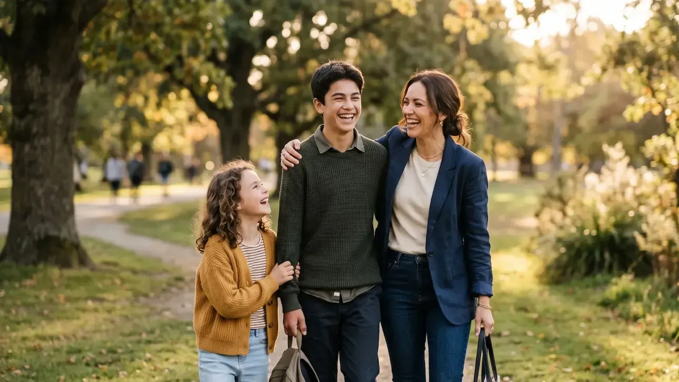 Three people walking together in a sunny park, smiling and chatting while carrying bags