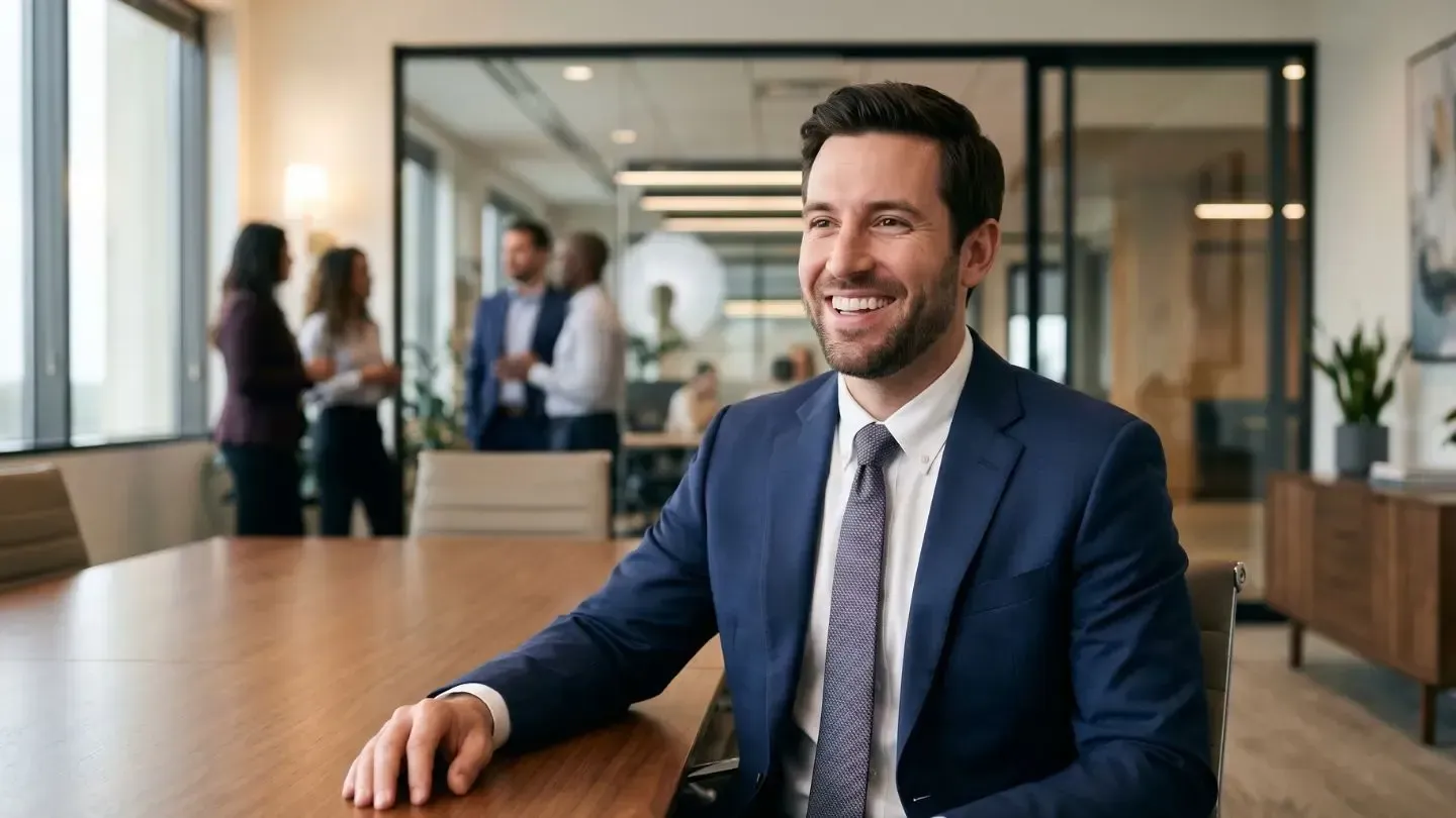 Smiling man in a navy suit seated in a modern office lobby with coworkers in the background