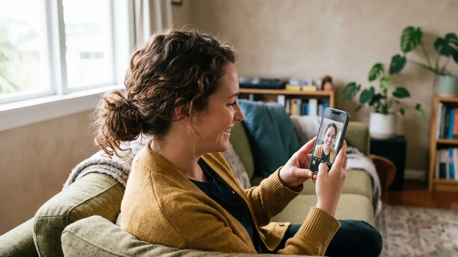 Woman sitting on a couch, smiling at a phone during a video call in a cozy living room