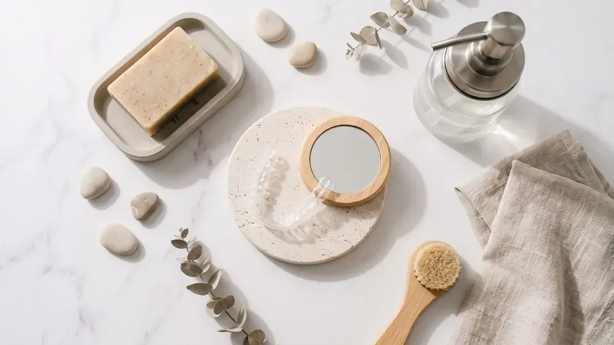 Minimalist bathroom still life with soap bar, round dish, lotion dispenser, brush, and beige towel on white marble.