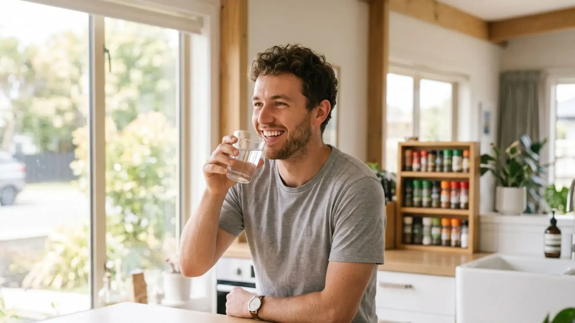 Smiling man in a gray shirt drinking water in a bright kitchen near a window