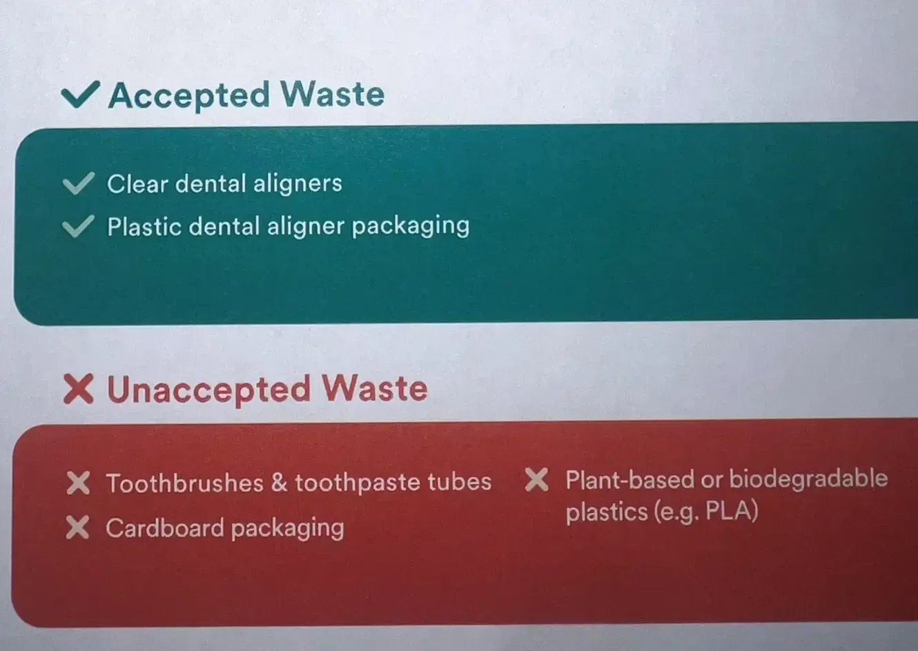 Green and red list showing accepted waste and unaccepted waste for dental aligners packaging.