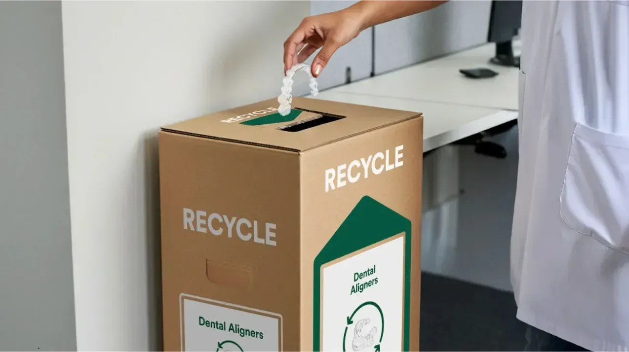 Person drops a bottle into a cardboard recycle bin in an office corner.