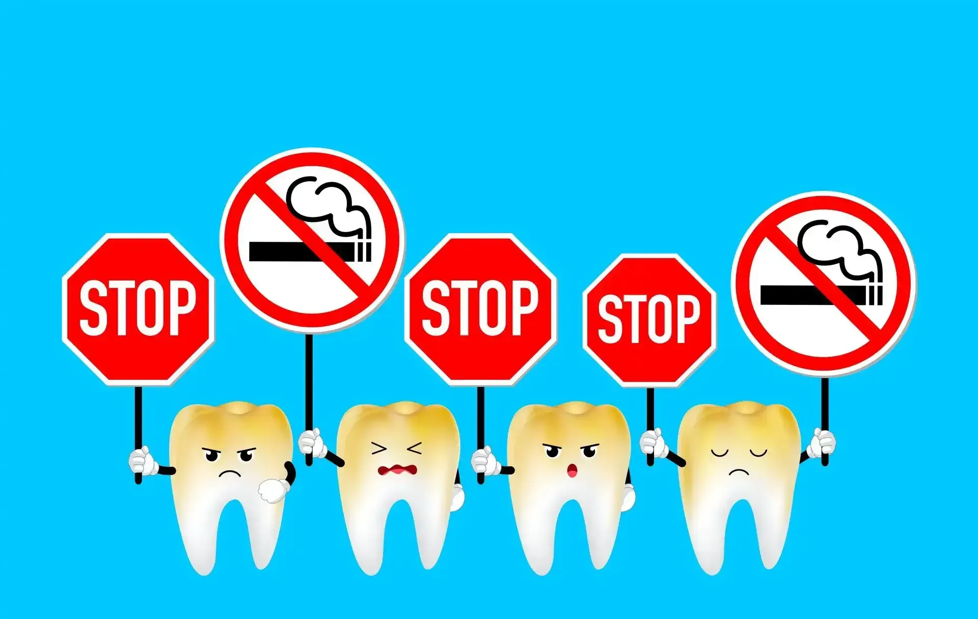 Cartoon teeth holding no smoking signs - Duxton Dental - Innovative Dentists Christchurch