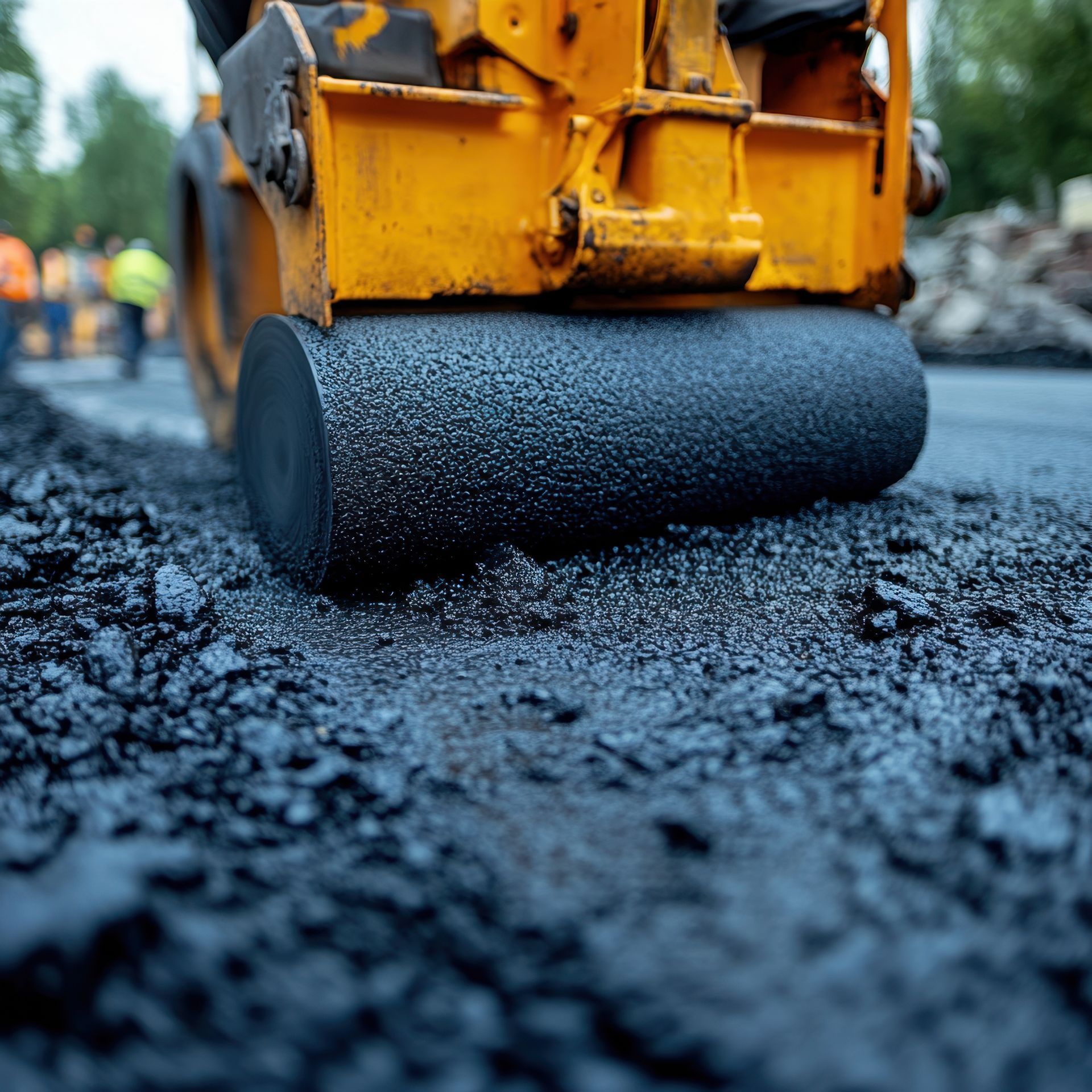 Close-up of a yellow roller compactor smoothing freshly laid, textured black asphalt on a roadway. Close-up of a yellow roller compactor smoothing freshly laid, textured black asphalt on a roadway.