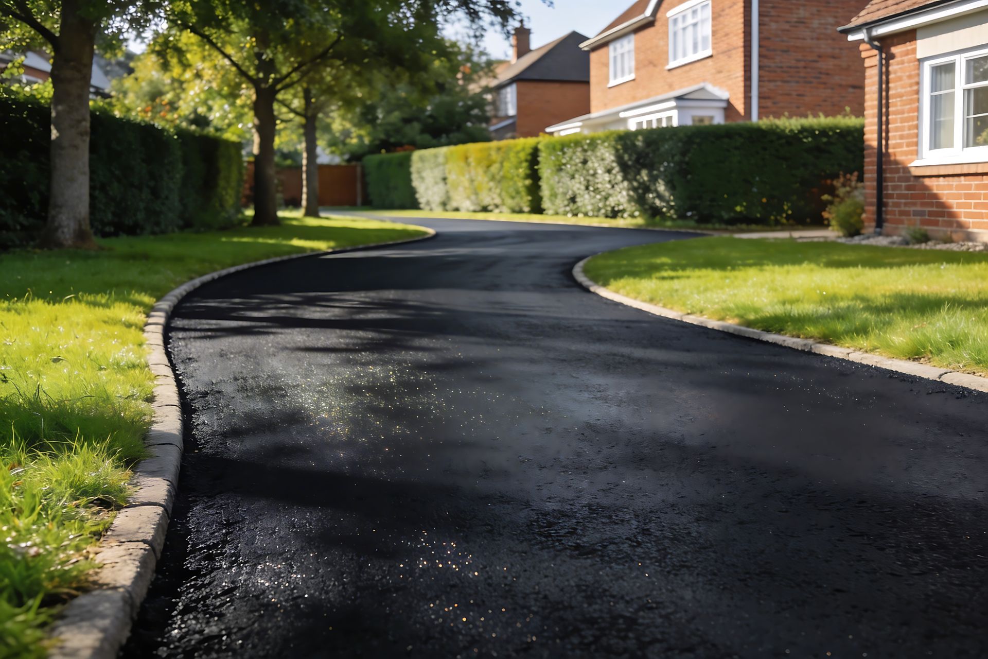 Freshly paved glossy black asphalt driveway curves past neat hedges, sunlit lawns, and brick walls.