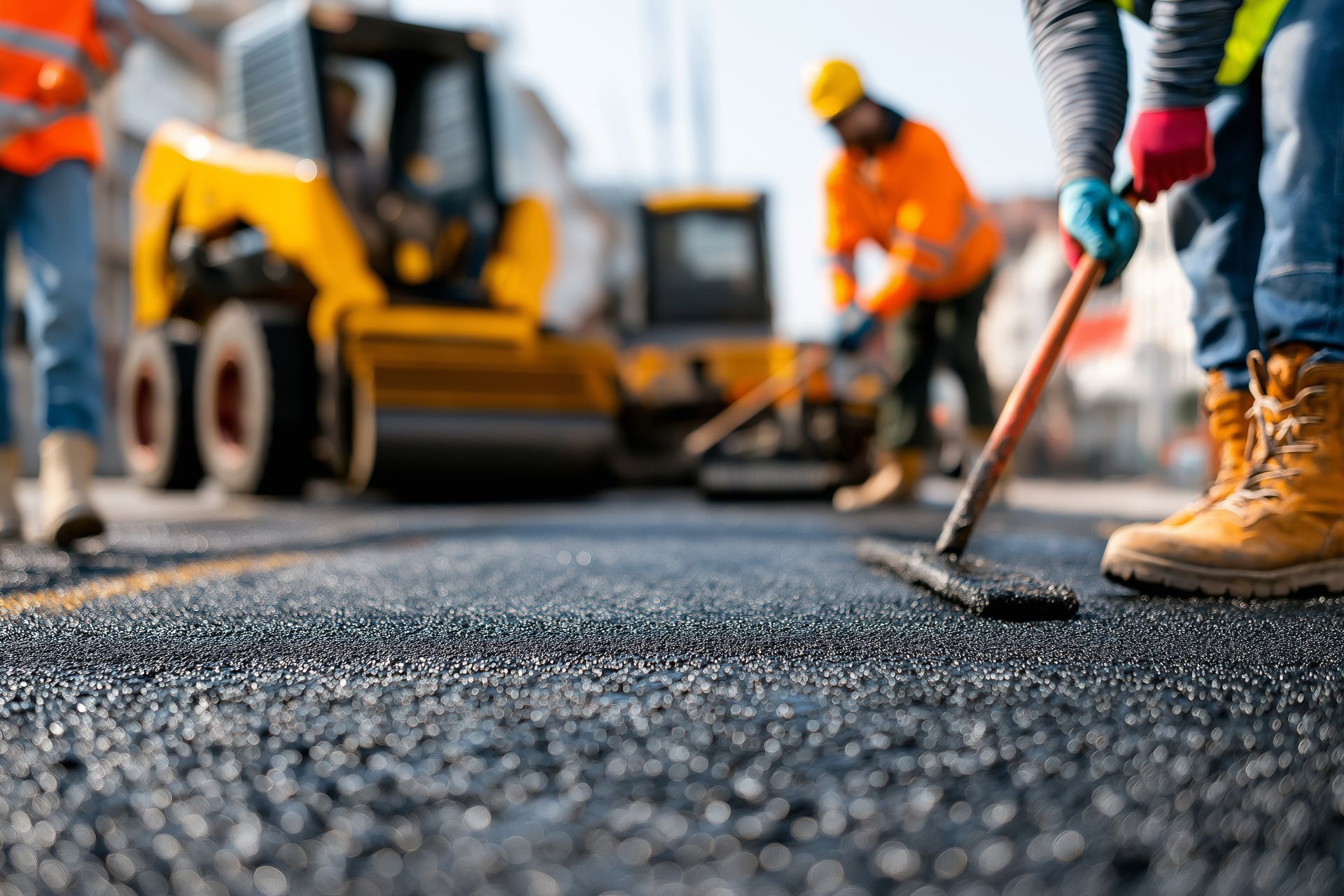 Ground-level view of a worker raking hot asphalt smooth beside a yellow compact roller and crew.