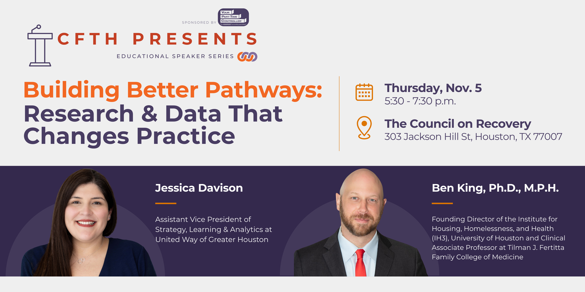 CFTH Presents speaker banner: “Building Better Pathways: Research & Data That Changes Practice” with two speakers.