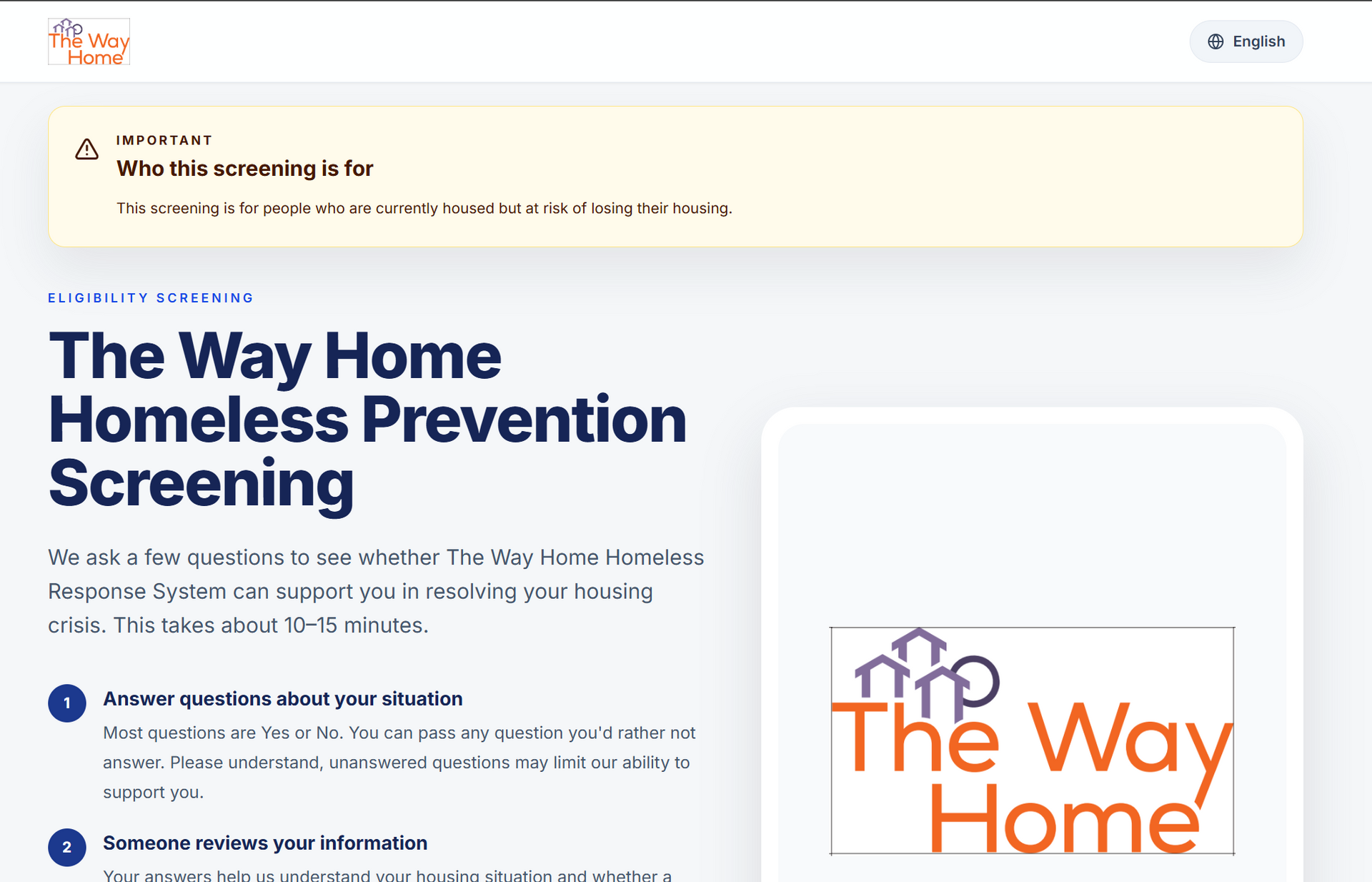 Screenshot of The Way Home Homeless Prevention Screening page, which explains that the screening is for people who are currently housed but at risk of losing their housing.