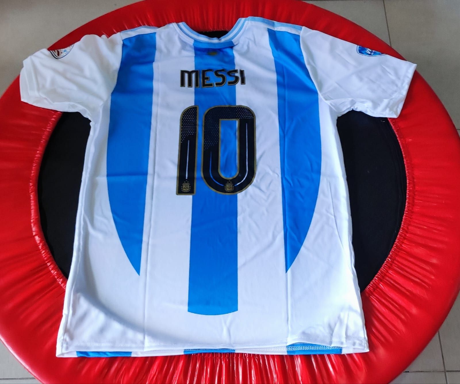 Camiseta de la selección argentina de fútbol con el nombre de Messi y el número 10, rayas azules y blancas sobre fondo rojo.