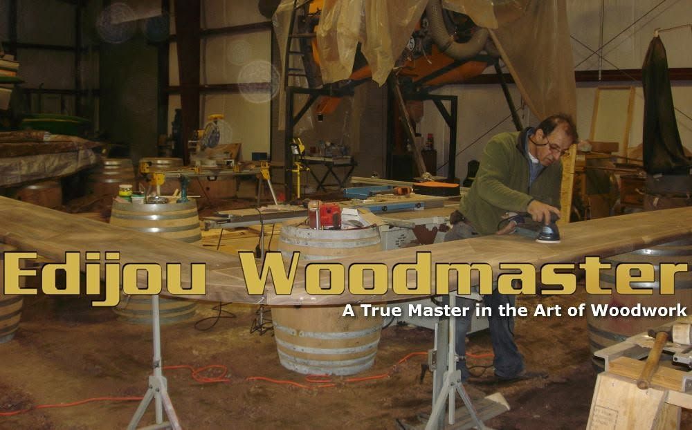 Woodworker at work in a cluttered workshop with “Edjou Woodmaster” text overlay