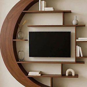 Modern wooden wall shelf with a mounted TV, books, and small decor pieces