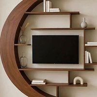 Modern wooden wall shelf with a mounted TV, books, and small decor pieces