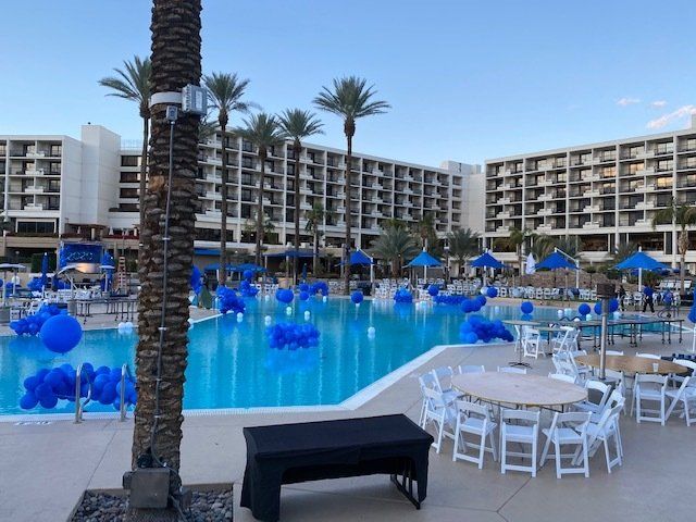 Blue balloons in pool