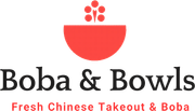 Logo for Boba & Bowls, with a red bowl icon and the text &ldquo;Fresh Chinese Takeout & Boba&rdquo;