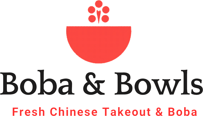 Logo for Boba & Bowls, with a red bowl icon and the text &ldquo;Fresh Chinese Takeout & Boba&rdquo;