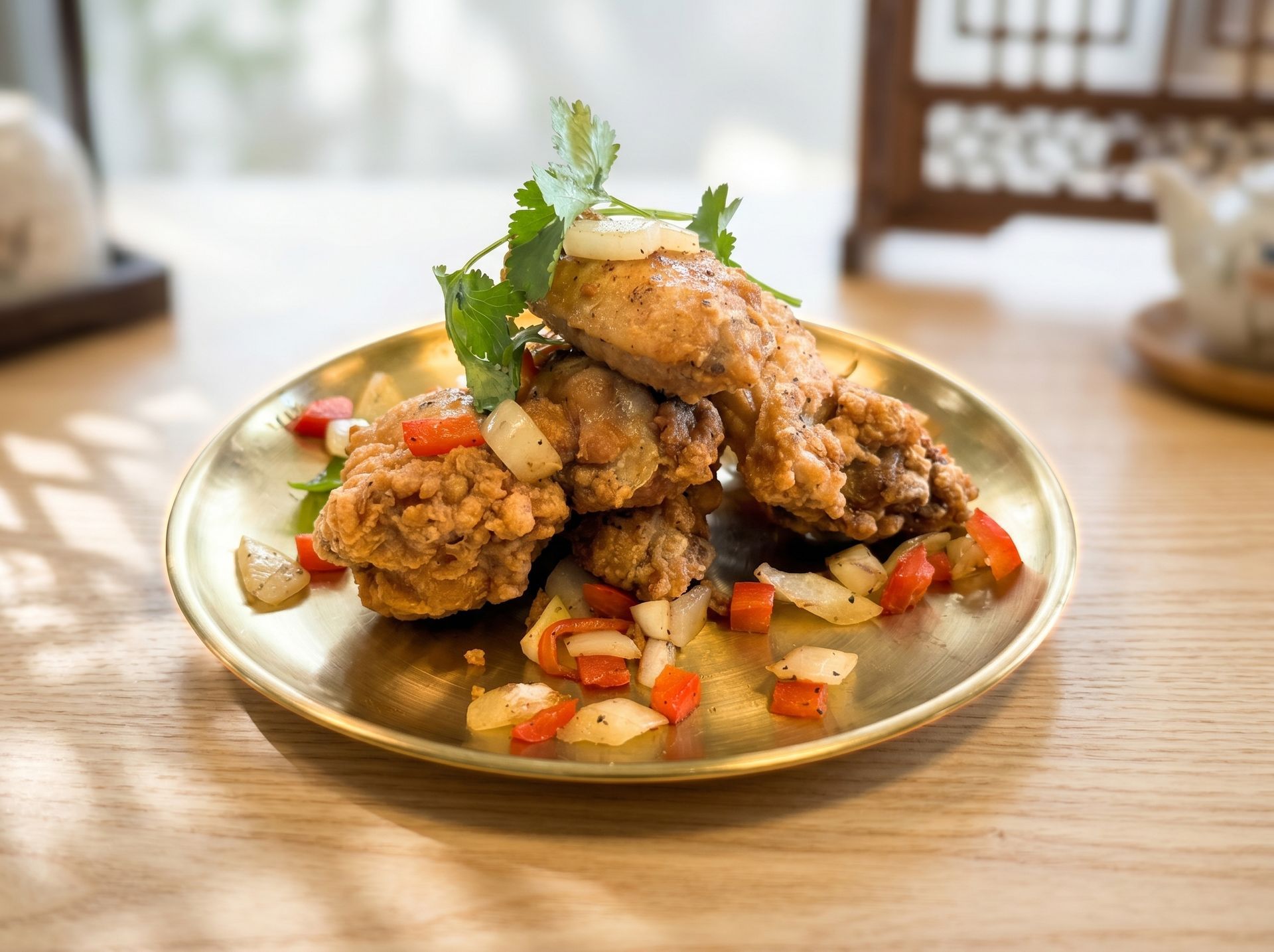 Fried chicken pieces on a brass plate with diced peppers, garnished with cilantro on a wooden table.