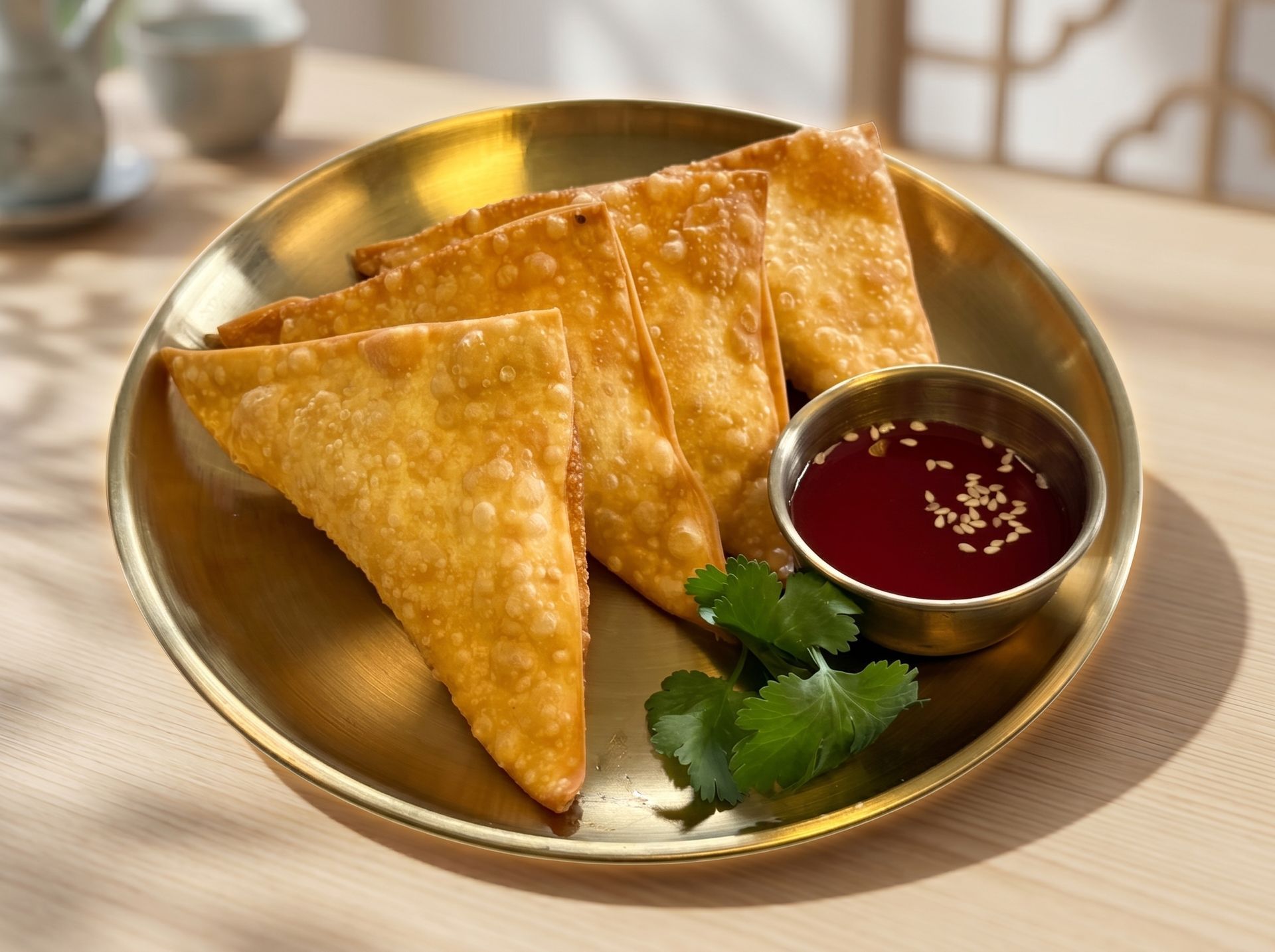 Plate of golden fried samosas with red dipping sauce and cilantro garnish