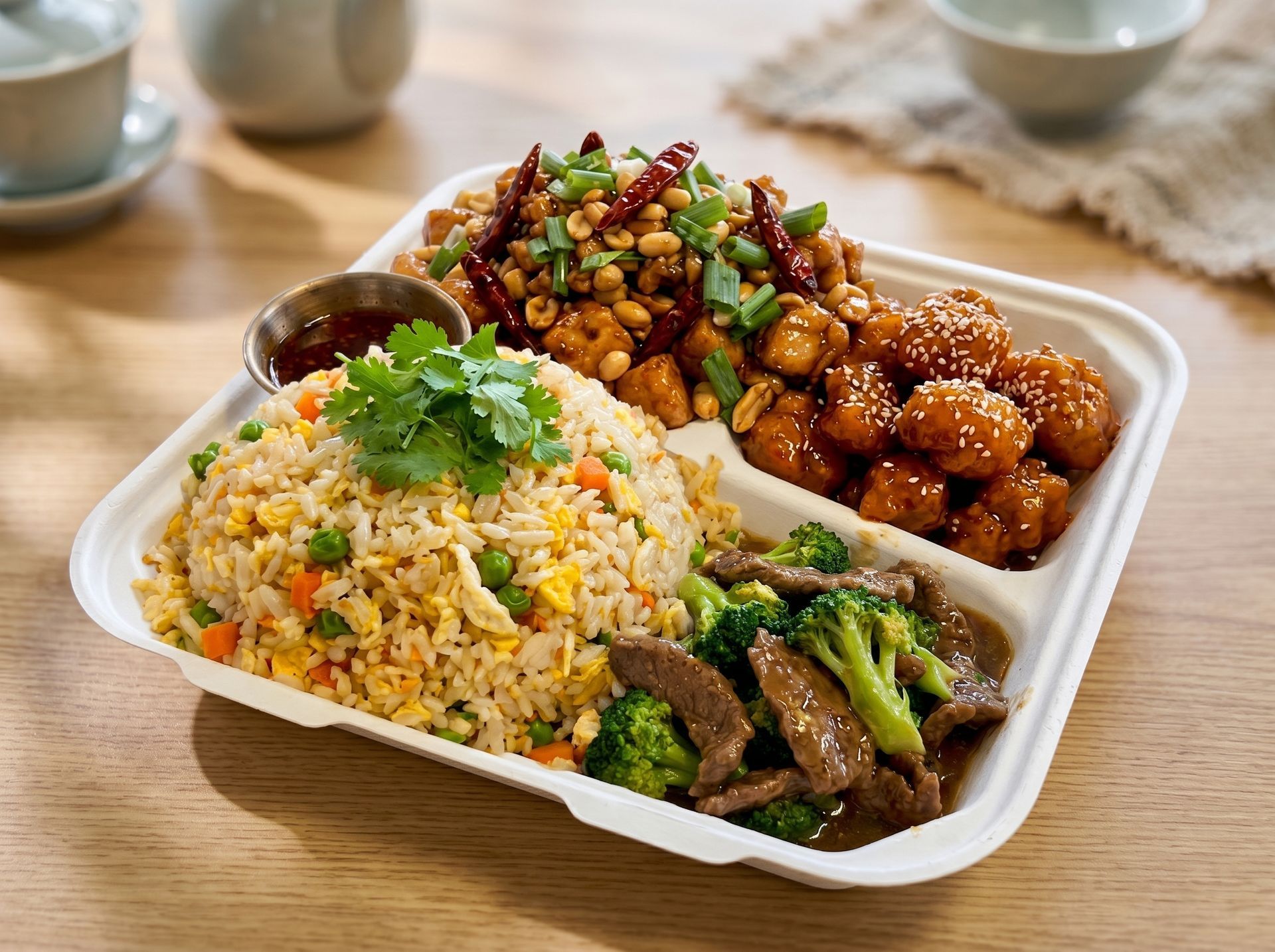 Takeout tray with fried rice, beef broccoli, and glazed chicken with cilantro garnish