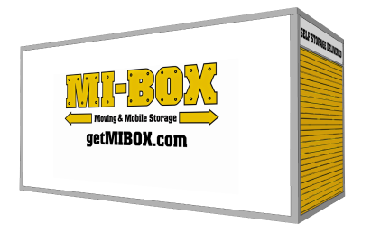A white box with the words mi-box moving and mobile storage on it