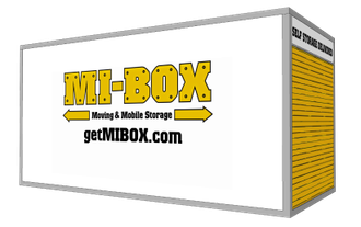 A white box with the words mi-box moving and mobile storage on it