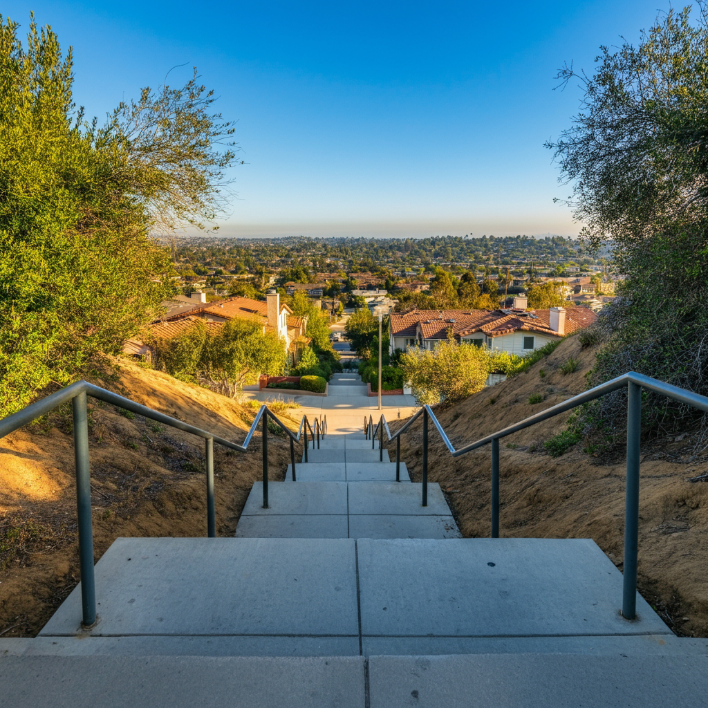 A set of stairs leading up to a residential area
