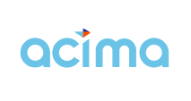 Acima logo in light blue with a small red, orange, and blue triangle above the “i”