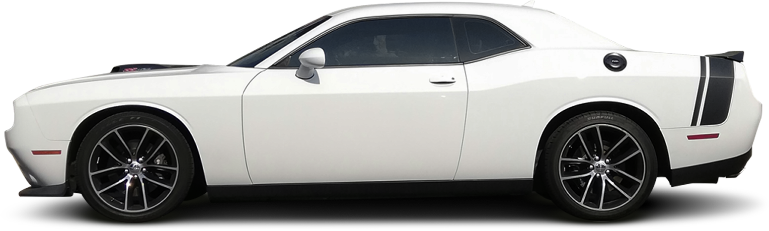 White two-door sports coupe with black rims, side view on a plain white background