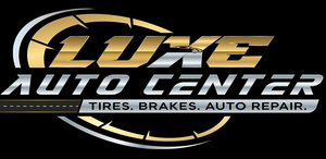 Luxe Auto Center logo with gold and silver text and a tire graphic on black background