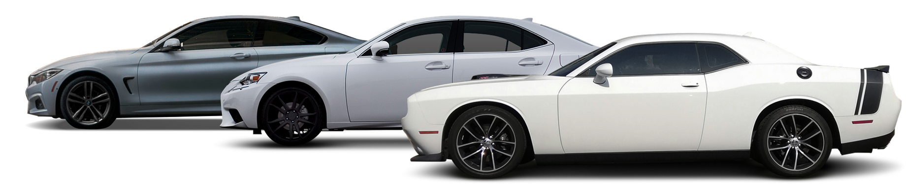 Three sports coupes in black, silver, and white, shown in side view on a plain background