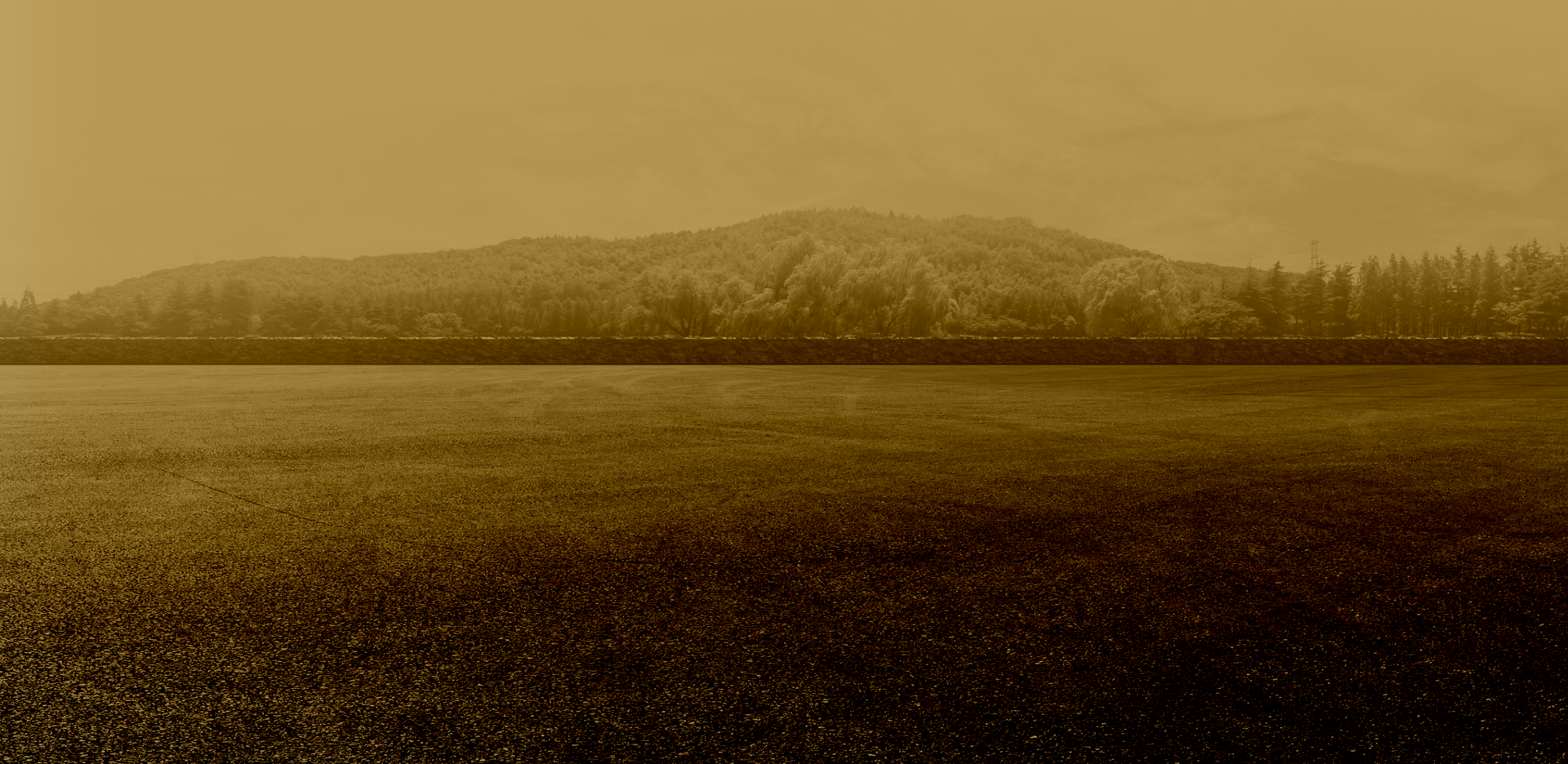 Sepia-toned landscape with a distant hill behind a dark, open field under a hazy sky