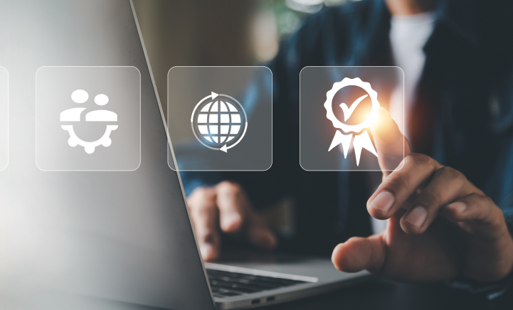 Hand tapping glowing award icon on a laptop, with app icons for support, web, and certification nearby