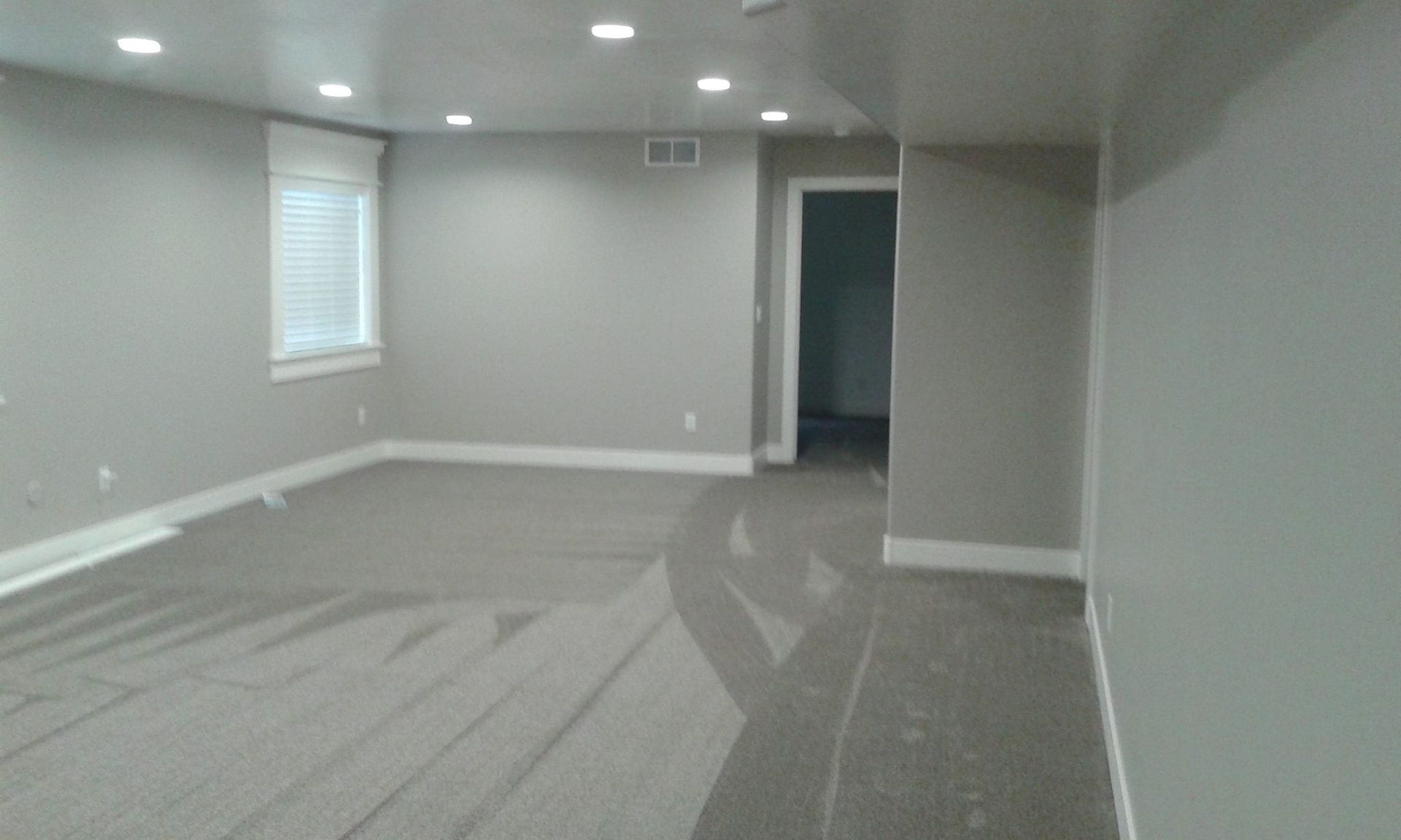 Empty room with gray walls, carpet, window, and a door.