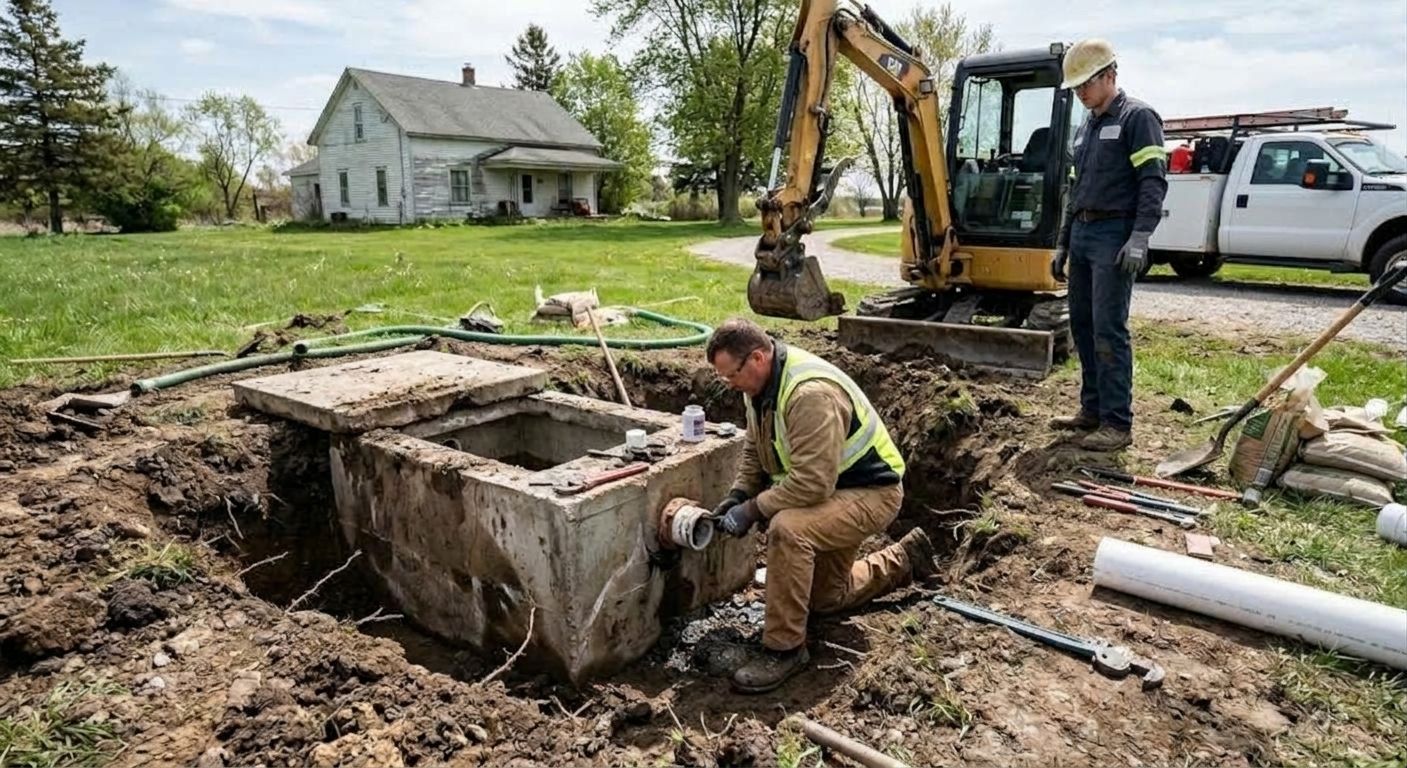 Workers excavate a buried concrete structure in a grassy yard with an excavator nearby.